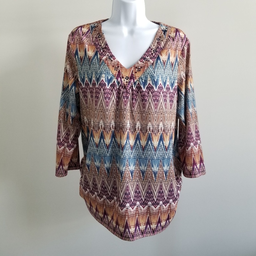 alfred dunner | Rhinestone Collar V Neck 3/4 Top M